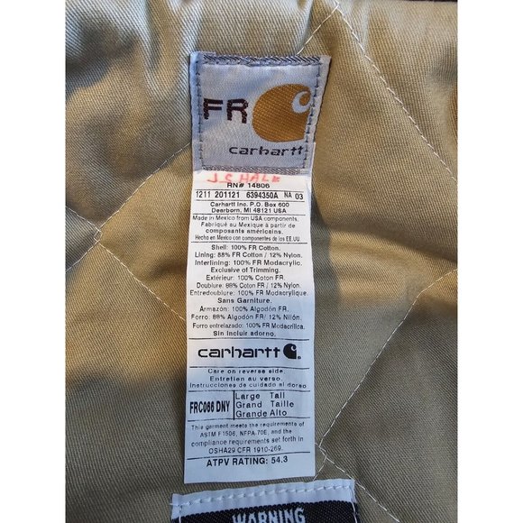 Carhartt FR Flame Resistant Blue Heavy Duty Duck Canvas Utility Jacket L / Tall - Picture 7 of 11